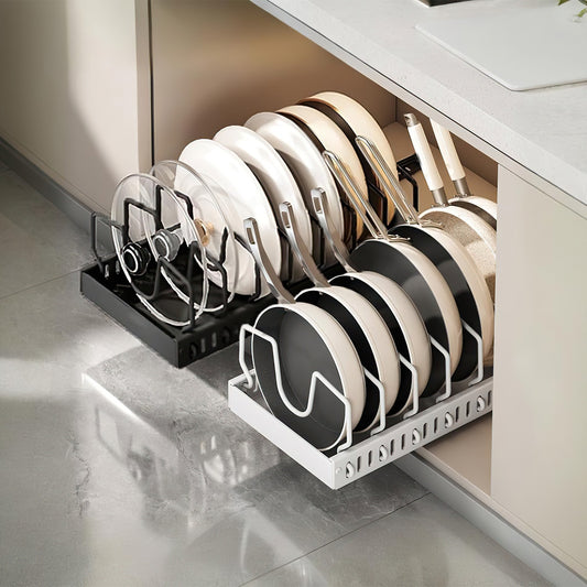 1Pc Pull Out Pots And Pans Organizer Under Cabinet With 8 Adjustable Dividers Rustproof Carbon Steel Sliding Pots Holder For Kitchen Cookware Bakeware Pots Lids Storage